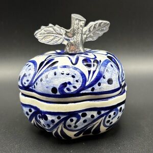 Blue and White Ceramic Apple Trinket Box 3”